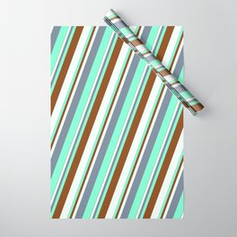 [ Thumbnail: Light Slate Gray, Aquamarine, Brown & Mint Cream Colored Stripes/Lines Pattern Wrapping Paper ]
