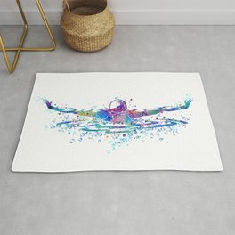 Girl Swimming Butterfly Colorful Watercolor Art Rug