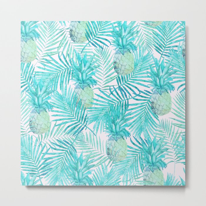 Turquoise Palm Leaves and Pineapples on Pink Metal Print