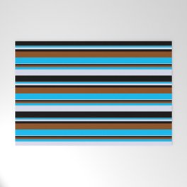 [ Thumbnail: Brown, Deep Sky Blue, Lavender, and Black Colored Pattern of Stripes Welcome Mat ]