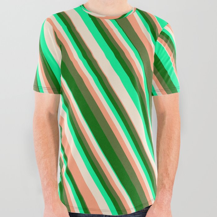 Vibrant Green, Beige, Light Salmon, Dark Olive Green & Dark Green Colored Striped/Lined Pattern All Over Graphic Tee
