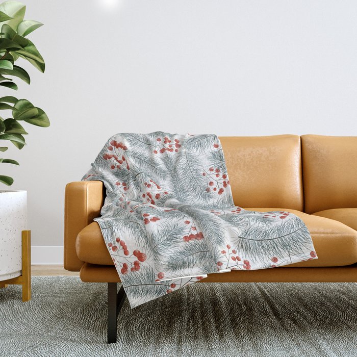 Pine branches and red berries on white Throw Blanket