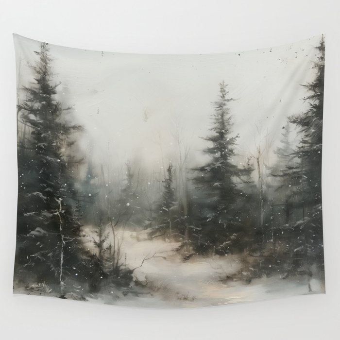 Pacific Northwest Winter Fir Forest Oil Painting Wall Tapestry