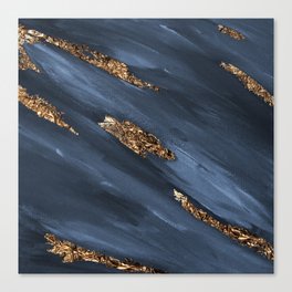 Navy Blue Paint Brushstrokes Gold Foil Abstract Texture Canvas Print