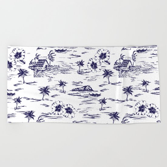 Tropical Island Vintage Hawaii Summer Pattern in Navy Blue Beach Towel