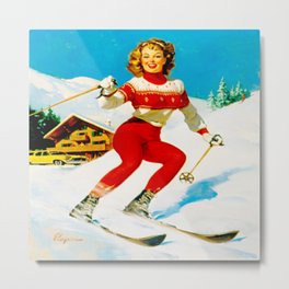 PIN UP GIRL by Gil Elvgren Metal Print | Digital Manipulation, Mountain, Painting, Winter, Vintage, People, Snow, Red, Snowbunny, Pinupgirl 