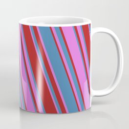 [ Thumbnail: Orchid, Red & Blue Colored Lined/Striped Pattern Coffee Mug ]