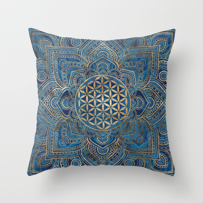 Flower of Life in Lotus Mandala - Blue Marble and Gold Throw Pillow