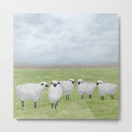 sheep and queen anne’s lace Metal Print | Sheepies, Greengrass, Rural, Whimsical, Flowers, Digital, Field, Square, Flockofsheep, Ewe 