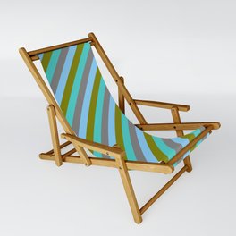 [ Thumbnail: Grey, Light Sky Blue, Green, and Turquoise Colored Pattern of Stripes Sling Chair ]