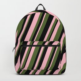 [ Thumbnail: Pink, Dark Olive Green & Black Colored Stripes Pattern Backpack ]