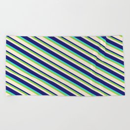 [ Thumbnail: Green, Beige, Midnight Blue & Turquoise Colored Lined/Striped Pattern Beach Towel ]