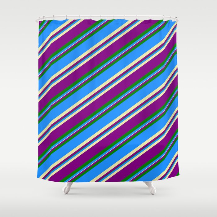 Blue, Pale Goldenrod, Purple & Green Colored Lined/Striped Pattern Shower Curtain
