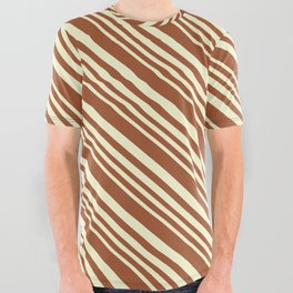 [ Thumbnail: Sienna and Light Yellow Colored Stripes Pattern All Over Graphic Tee ]