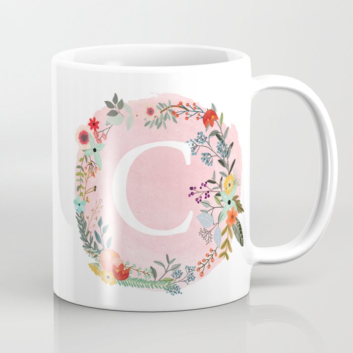 Flower Wreath with Personalized Monogram Initial Letter C on Pink Watercolor Paper Texture Artwork Coffee Mug