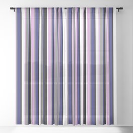 [ Thumbnail: Colorful Midnight Blue, Gray, Plum, White & Black Colored Lines/Stripes Pattern Sheer Curtain ]