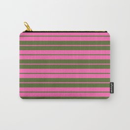 [ Thumbnail: Hot Pink and Dark Olive Green Colored Lined Pattern Carry-All Pouch ]