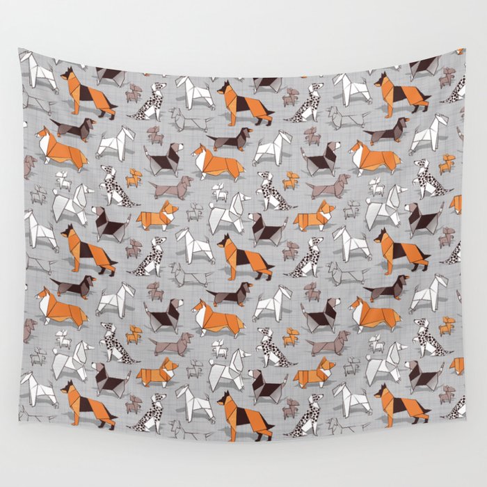 Origami doggie friends // grey linen texture background Wall Tapestry