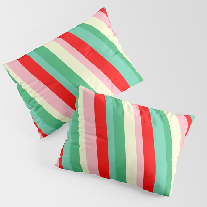 Vibrant Sea Green, Aquamarine, Red, Light Pink, and Light Yellow Colored Stripes Pattern Pillow Sham