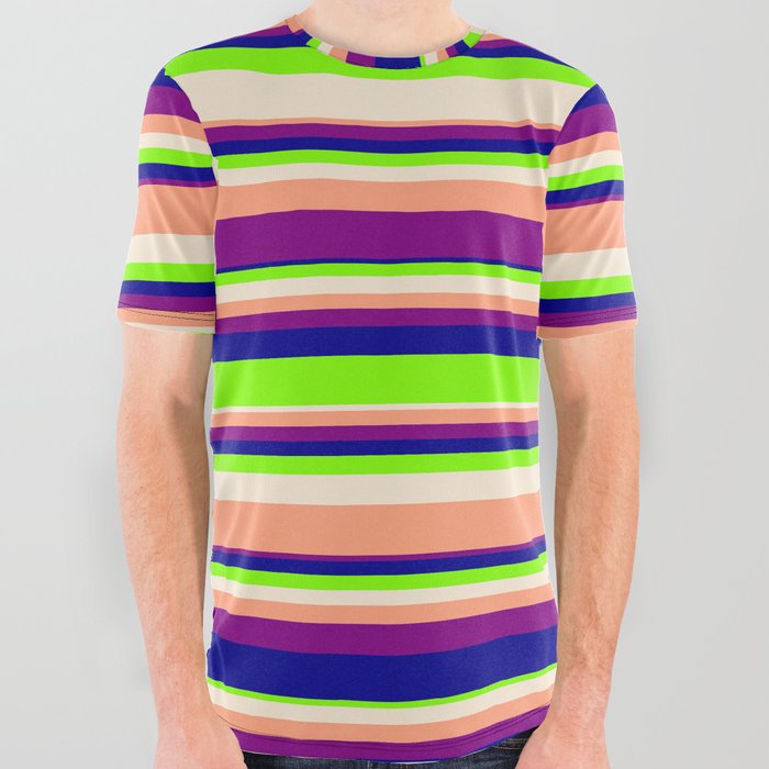 Vibrant Chartreuse, Beige, Light Salmon, Purple & Dark Blue Colored Lines/Stripes Pattern All Over Graphic Tee