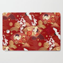 Spring Japanese background with fans and cranes Cutting Board