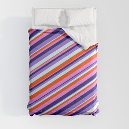 [ Thumbnail: Colorful Red, Violet, Midnight Blue, Purple, and Light Cyan Colored Lined Pattern Comforter ]