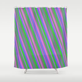 [ Thumbnail: Medium Slate Blue, Lime Green, Gray, and Orchid Colored Lined Pattern Shower Curtain ]