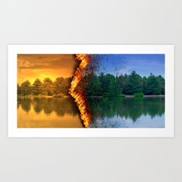 Lake Forest Fire Art Print | Scorched, Graphicdesign, Divided, Aqua, Blue, Halved, Torched, Sea, Burning, Color 