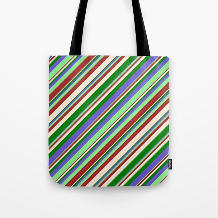 Slate Blue, Light Green, Brown, Beige & Green Colored Pattern of Stripes Tote Bag