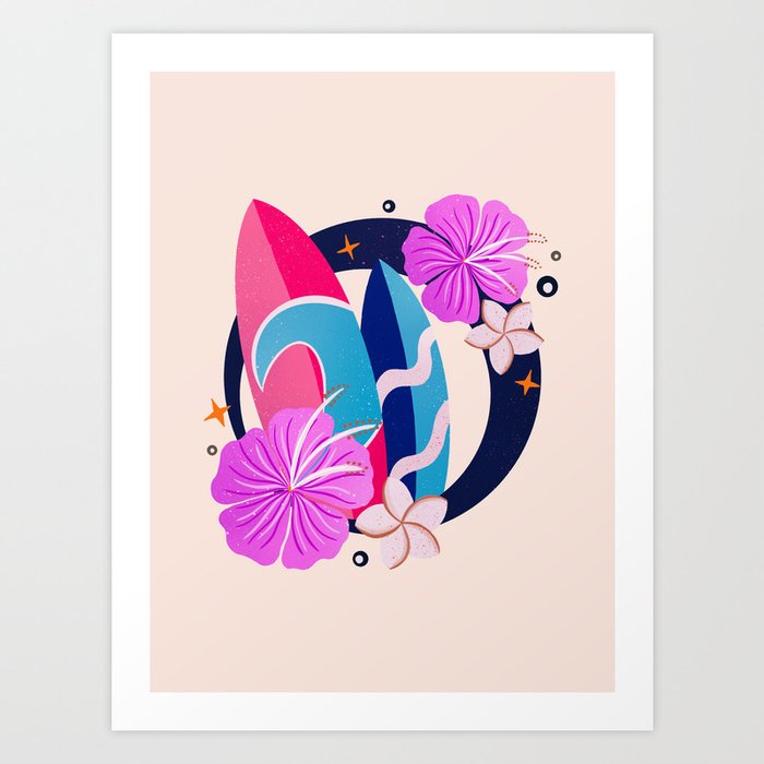 Retro surfboards badge - pink and navy blue Art Print