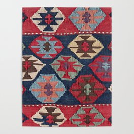 Red Band Diamond Kilim // 19th Century Colorful Brown Cream Peach Navy Blue Ornate Accent Pattern Poster
