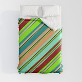 [ Thumbnail: Eyecatching Dark Cyan, Brown, Aquamarine, Dark Red, and Chartreuse Colored Striped/Lined Pattern Duvet Cover ]