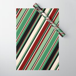 [ Thumbnail: Colorful Beige, Maroon, Dark Sea Green, Sea Green, and Black Colored Striped Pattern Wrapping Paper ]