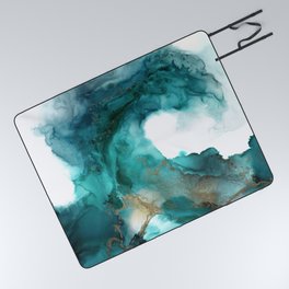 Wild Wave - alcohol ink painting, abstract wave, fluid art, teal, gold colored accents Picnic Blanket