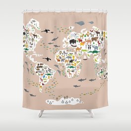 Cartoon world map for children, kids, Animals from all over the world, back to school, rosybrown Shower Curtain