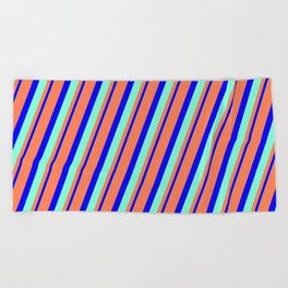[ Thumbnail: Coral, Blue & Aquamarine Colored Striped/Lined Pattern Beach Towel ]