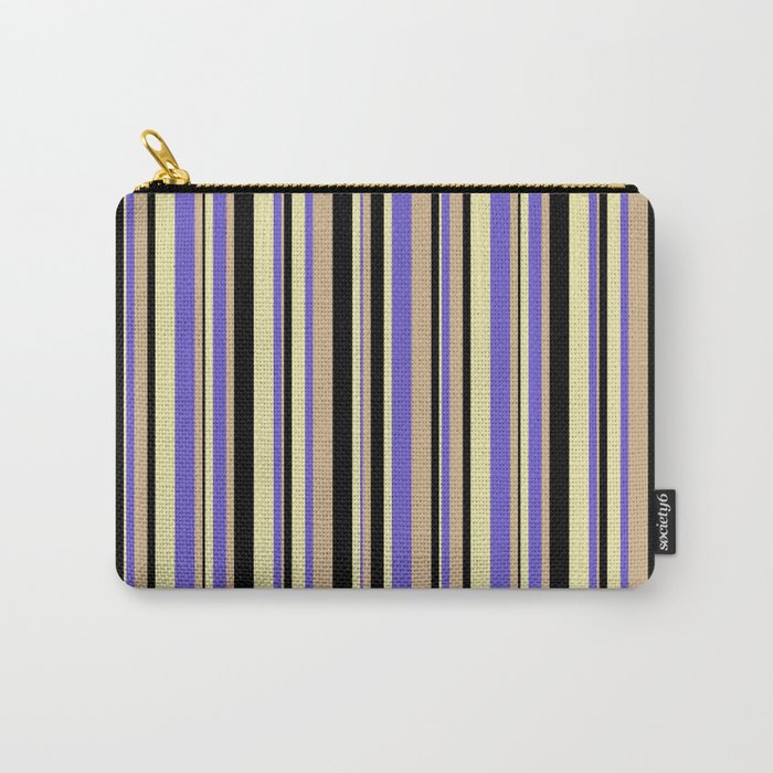 Slate Blue, Pale Goldenrod, Black & Tan Colored Striped/Lined Pattern Carry-All Pouch