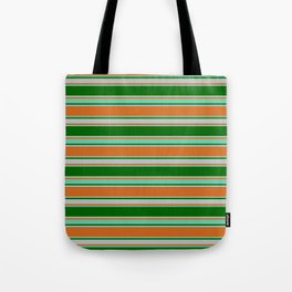 [ Thumbnail: Chocolate, Aquamarine, Dark Green, and Grey Colored Lines Pattern Tote Bag ]