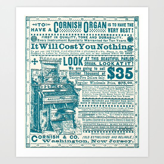 Vintage Cornish Organ Piano Musical Instrument Ad Art Print