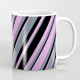 [ Thumbnail: Plum, Slate Gray, and Black Colored Lines Pattern Coffee Mug ]