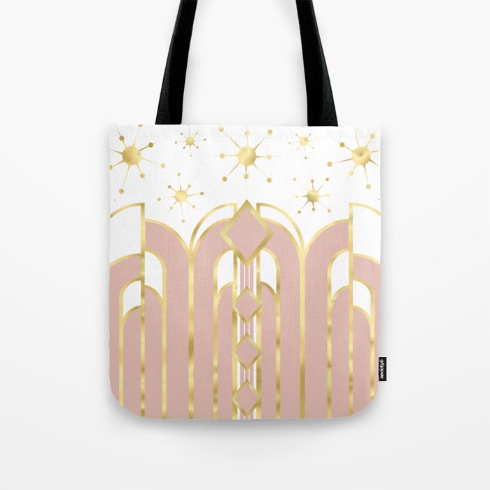 Art Deco Geometric Architectural Shapes and Stars in Blush Pink and Yellow Gold Tote Bag