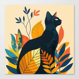 Black cat in Leaves Canvas Print