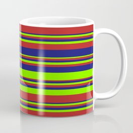[ Thumbnail: Chartreuse, Red, and Midnight Blue Colored Striped Pattern Coffee Mug ]