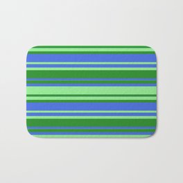 [ Thumbnail: Forest Green, Royal Blue & Light Green Colored Striped Pattern Bath Mat ]