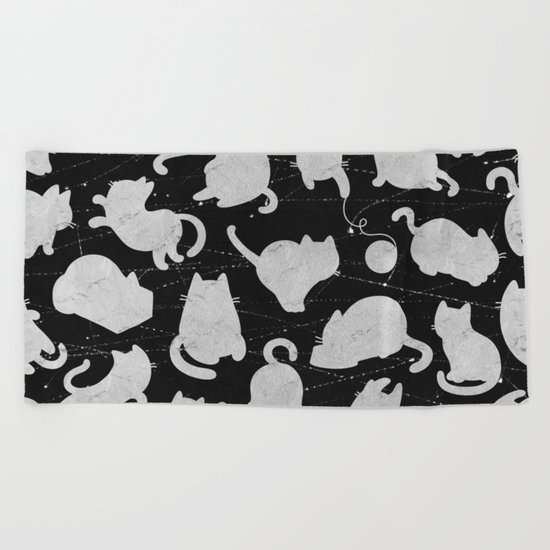 Silver Cats on Black Kitty Pattern Beach Towel