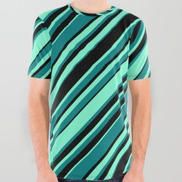 [ Thumbnail: Aquamarine, Teal, and Black Colored Pattern of Stripes All Over Graphic Tee ]