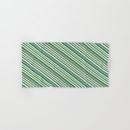 [ Thumbnail: Grey, Pale Goldenrod, Sea Green, and Light Cyan Colored Lines Pattern Hand & Bath Towel ]