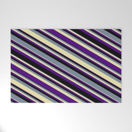 [ Thumbnail: Light Slate Gray, Pale Goldenrod, Indigo, and Black Colored Lined/Striped Pattern Welcome Mat ]
