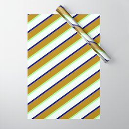 [ Thumbnail: Dark Goldenrod, Green, Mint Cream, and Blue Colored Striped/Lined Pattern Wrapping Paper ]