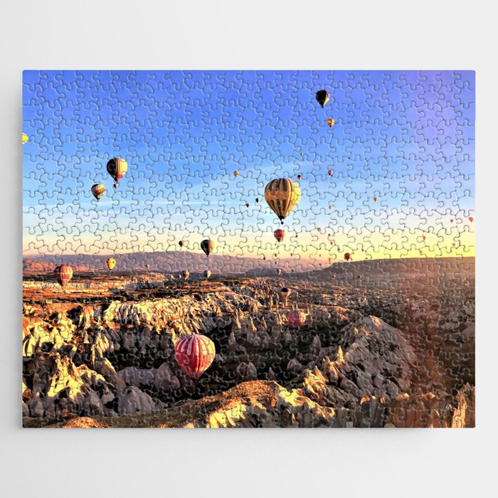 hot air balloons flying valley sky sunset Jigsaw Puzzle